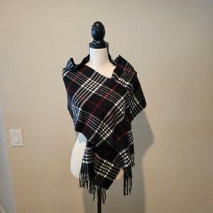 Cashmere Blend Fall Winter Black White Check Tartan Soft Fringe Scarf